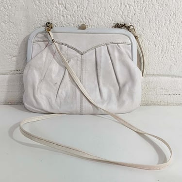 Vintage White Leather Shoulder Bag Purse Hobo Slouchy Handbag Italian Brass Gold Minimalist Made in Italy Crossbody 1980s 1990s 