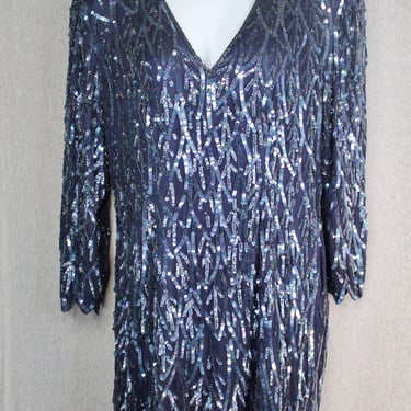 1980s Silky Nites - Navy Blue Sequin Dress - Flapper Dress - Cocktail Dress 