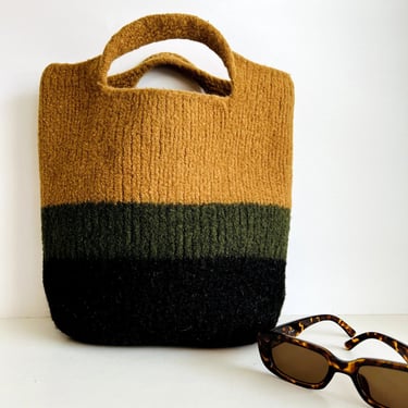 Handmade New Mexico USA Wool Tan Green Color block Top Handle Tote Bag 