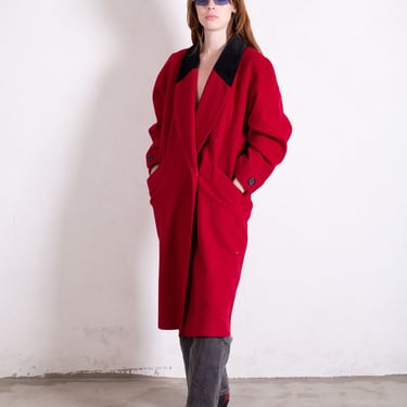 Vintage 1980s Red Wool Longline Blazer Style Overcoat with Black Velvet Collar Made in Russia 80s Minimal Rouge 