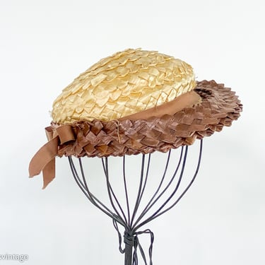 1940s Creme Woven Raffia Hat | 40s Beige & Brown Woven Saucer Hat 