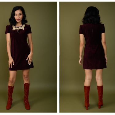Vintage 1960s 60s Rich Red Wine Corduroy Crochet Appliqué Mini Dress w/ Square Neckline, Capped Sleeves 