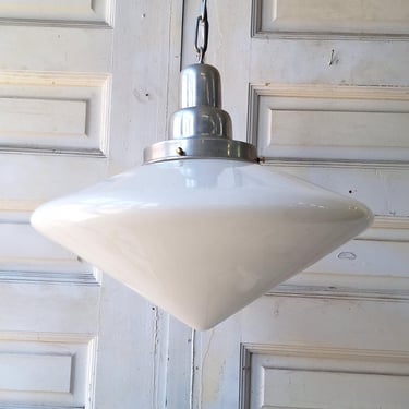 Art Deco Pendant with White Glass Globe and Silver Base, Schoolhouse Style Light, Antique Pendant Light Architecture Salvage 