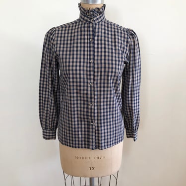 Navy and Tan Plaid Button-Down Shirt with High-Neck - 1980s 