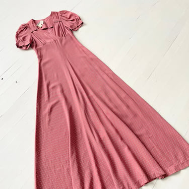 1970s Dotted Mauve Puff Sleeve Maxi Dress 
