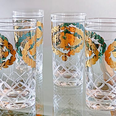 8 MCM Fred Press glasses, Turquoise & gold mid century barware, Aqua highball cocktail glasses, Federal American Eagle Patriotic home decor 