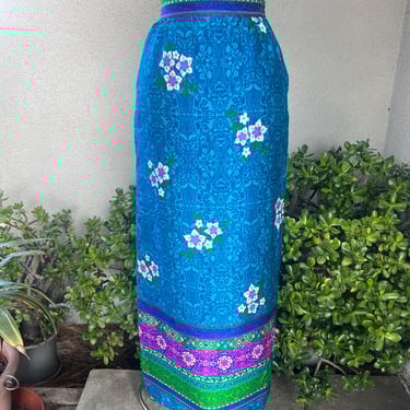Vintage Hawaiian straight maxi skirt tropical theme blue green Sz XS/S Alex Coleman CA 