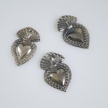 Vintage Tiny Milagro Hearts, Punched Tin Flaming Hearts set of 3 