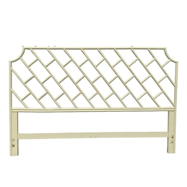 Chinese Chippendale Rattan King Headboard - Vintage Creamy White Bamboo Fretwork Chinoiserie Asian Coastal Ficks Reed Style 