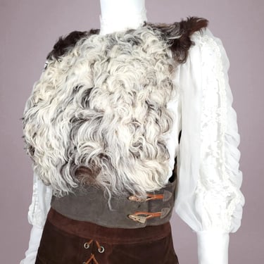 Curly goat fur vest vintage 60s 70s nubuck Bib outer wear layering piece unique novelty winter wear avant garde (S) 