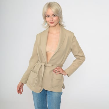 70s Tan Wrap Jacket Open Front Blazer Retro Shawl Collar Boho Hippie Khaki Jacket Bohemian Plain Vintage Neutral 1970s Medium M 