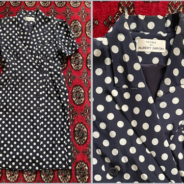Vintage ‘80s ‘90s Albert Nipon silk polka dot dress | navy blue &amp; white dot print, double breasted dress, petite 6 
