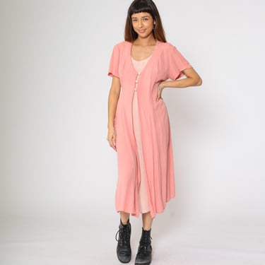 Pink Button Up Dress Vintage 90s Crinkled Rayon Midi Short Sleeve Pinstriped Retro Plain Chic Simple Casual Layered 1990s Large 12 