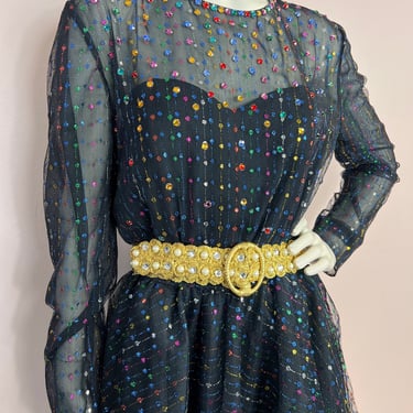 Vtg 1980s Victor Costa Rainbow Rhinestone Tulle Skirt Mini Party Dress 