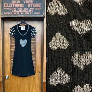 Vintage 1960’s Black & Silver Heart Design Glam Mod Dress, Lurex, Glam, Heart Design, 1960s Dress, Mod, 1960s, Black Dress, Knit Dress, 