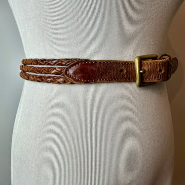 Vintage brown leather belt~ braided/ roped boho western belt Brass buckle~ distressed weathered belt size 32 