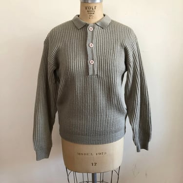 Sage Green/Grey Knit Pullover Sweater with Collar - 1980s 