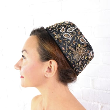 1950s Black & Gold Pillbox Hat | 50s Black Embroidery Hat | Jackie O | Noreen Fashions 