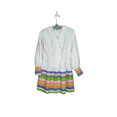 Vintage 60’s Old Town White Rainbow Striped Aline Dress, size 9 