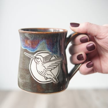 Hummingbird Mug - rustic handmade pottery with drippy reactive glaze in Dusk 