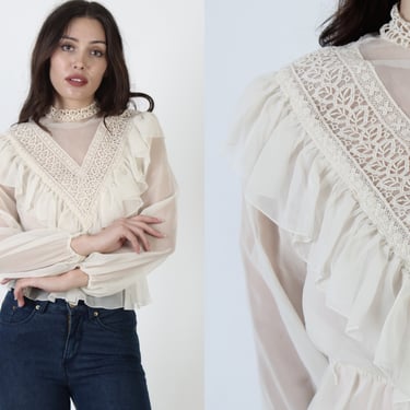 Cream Lace Victorian Style Blouse / Vintage 70s See Through Antique Top / High Neck Chevron Pattern Crochet / Cropped Ruffle Hemline 