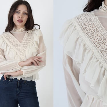 Cream Lace Victorian Style Blouse / Vintage 70s See Through