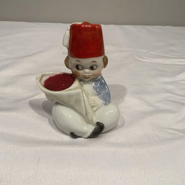 Vintage Porcelain Genie Boy Pin Cushion Lusterware Japan, art decor figurine, sewing accessories, gifts for sewers, heirloom sewing for boys 