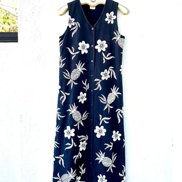 Vintage Hawaiian Pineapple Dress 90s 1990s Hawaii Floral Button Up Muumuu 