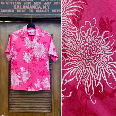 Vintage 1960’s Hot Pink “Shaheen’s” Cotton Pop Art Mod Hawaiian Shirt, Matching Pocket, 60’s Vintage Clothing 