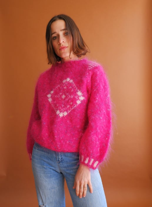Vintage 80s Fuchsia Mohair Sweater/ 1980s Pink Fuzzy Knit/ Size Medium Large 