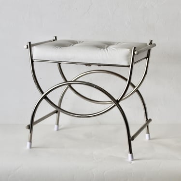Koch Originals Chrome Padded Tufted Ivory Vinyl Seat Vanity Stool Vintage Hollywood Regency 