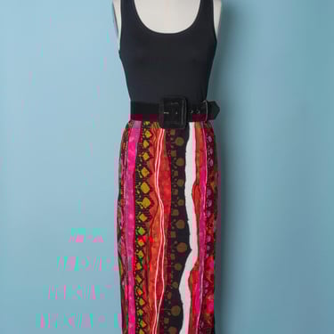 1960s Hawaiian Barkcloth Abstract Print Maxi Skirt with Hot Pink and Orange 
