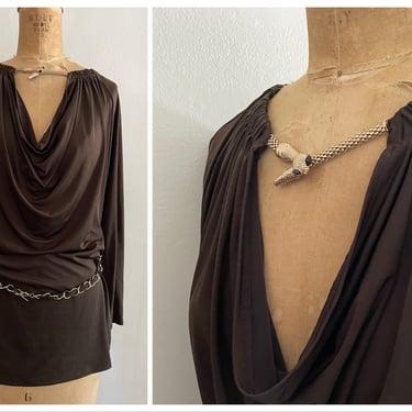 Vintage CACHE chocolate brown spandex blouse with chain belt and snake at neck | ‘90s Y2K tunic top with gold rhinestone snake, M 