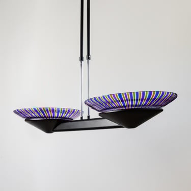 XXL Vintage Murano Glass Chandelier - Blue and Red Striped Glass, Black Metal - Italy Memphis Style 1980s - Decorative Ceiling Light, Gift 