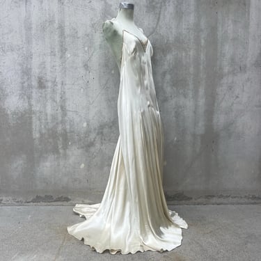 Vintage 1930s White Silk Satin Low Back Dress Halter Harlow Gold Trim Bias Cut