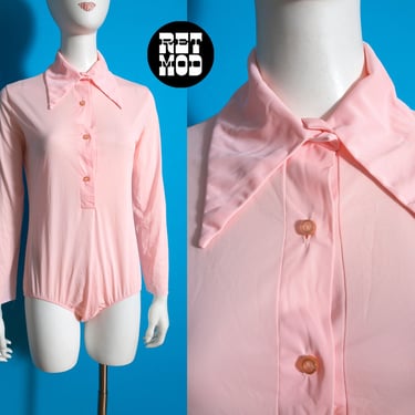 So Pretty Vintage 60s 70s Pastel Pink Long Sleeve Dagger Collar Nylon Bodysuit 