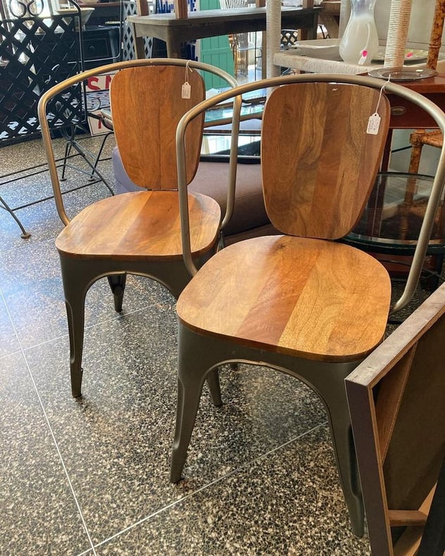 Two industrial chairs with wood seats and backs. 21” x 17” x 32” seat height 17.5”