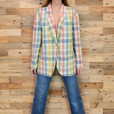 70's Pastel Plaid Vintage Blazer Jacket 