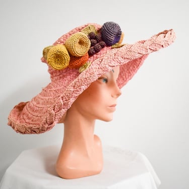 Vintage Pink Straw Sun Hat with Crocheted Fruit 
