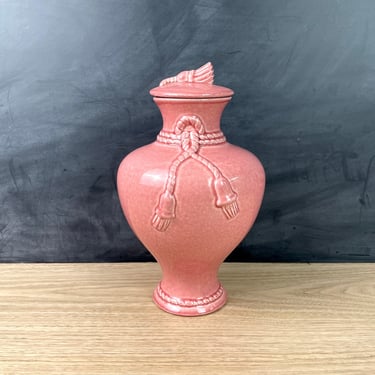 Ethan Allen peony pink craquelure vase with tassel - vintage decorative pottery 