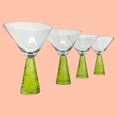 Vintage Artland Martini Glasses Retro 1980s Contemporary + Prescott + Handblown Glass + Apple Green Stems + Clear Tops + Set of 4 + Barware 