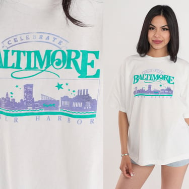 Celebrate Baltimore Shirt 90s Maryland T-Shirt Inner Harbor Graphic Tee Retro USA Travel Tourist TShirt Single Stitch White Vintage 1990s XL 