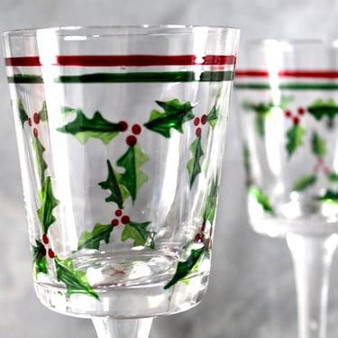 Vintage Hand Painted Christmas Holly Berry Wine Glasses | Long Stem Wine Glasses | Christmas Glasses  | FREE SHIPPING 