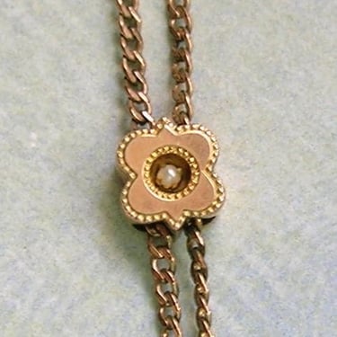 Antique Victorian 10K Gold Slide With Pearl and Gold Filled Chain, Old Slide Chain, Gold Slide Chain With Pearl (#4553) 