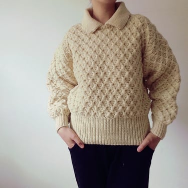 Original 80s Heavy Hand Knit Wool Cream Faux Collar Jumper S/M 