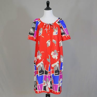 80s Granada House Dress or Robe - Snap Front, Short Sleeve - Red, Purple-Blue, White, Black, Orange-Brown - Vintage 1980s - M 