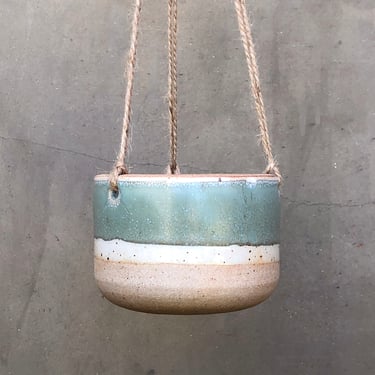 Ceramic Hanging Planter in Speckled Blues, Whites and Unglazed Stoneware 