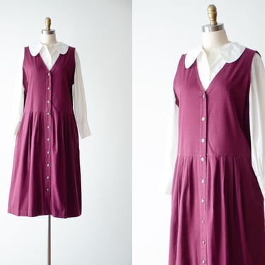 cute cottagecore dress | 80s 90s vintage Northern Reflections burgundy cotton oversized loose sleeveless midi pinafore dress 