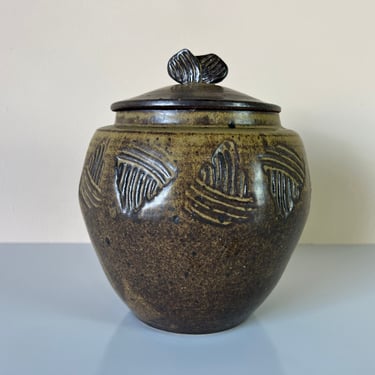 Mid-Century Speckled Glaze Studio Pottery Jar With Lid 