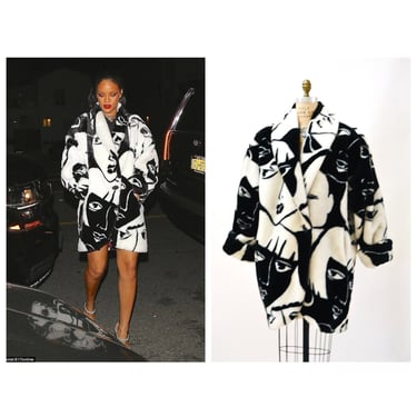 Vintage Faux Fur Jacket Coat Vintage Donny Brook Black White Fur Rihanna Art Deco Picasso Faces Coat Large Donnbrook face jacket 